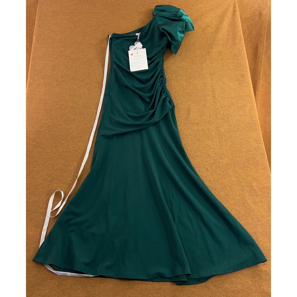 Goddiva Womens US Size 6 Emerald Green One Shoulder Ruffle Ruched Maxi Dress NWT